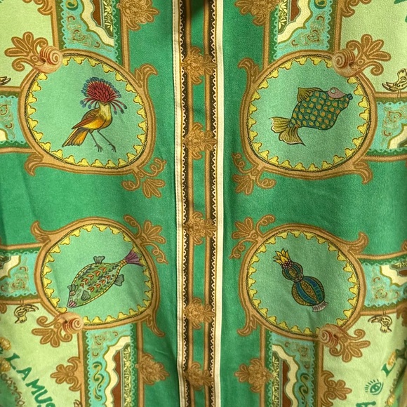 ALEMAIS Anthropologie La Musica Silk Short Sleeve Buttondown Shirt in Green - Picture 9 of 10